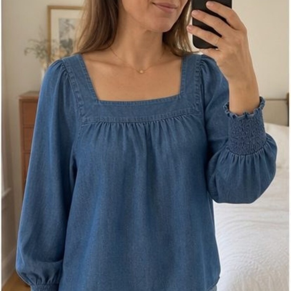 Blue Square Neck Smocked Cuff Long Sleeve Blouse - M NWT
